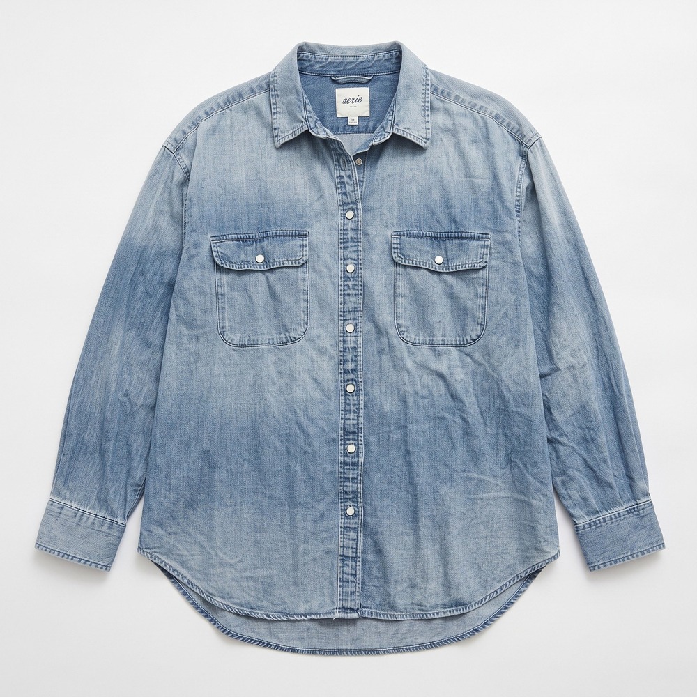 Aerie S Womens Light Wash Blue Chambray Button Up Shirt Casual Coastal Boho